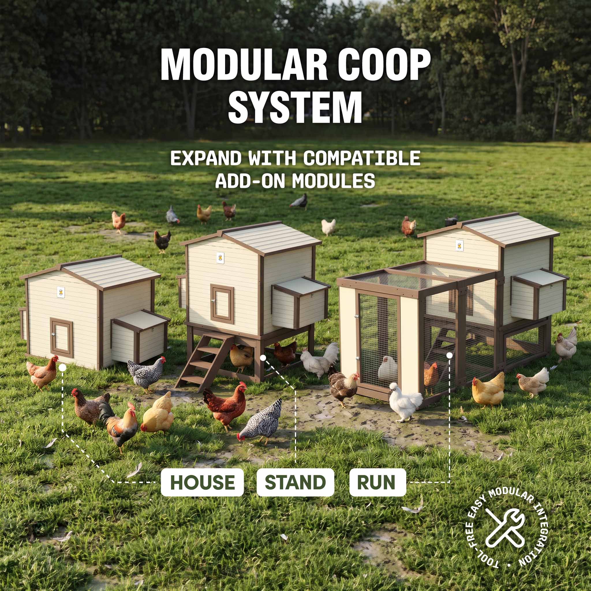 Outdoor chicken housing by Hatching Time featuring dual-side access to four nesting compartments.