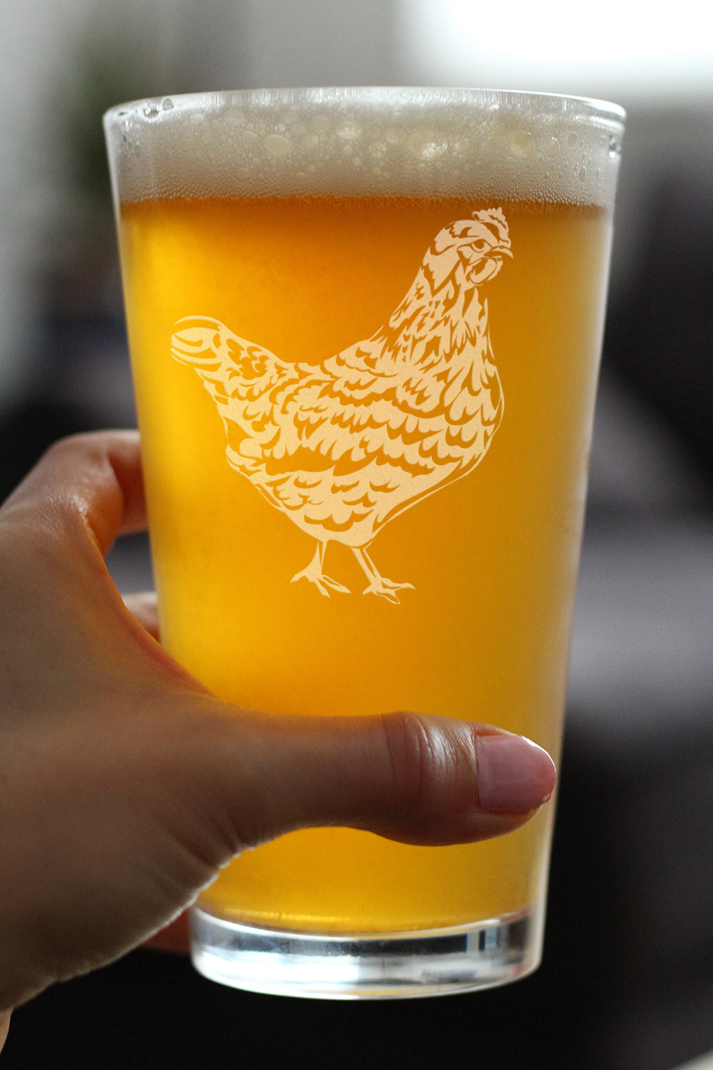 Hen - Cute Funny Pint Glass, 16 Oz, Etched Sayings, Cute Farmhouse Decor Gifts for Lovers of Hens, Chickens and Beer