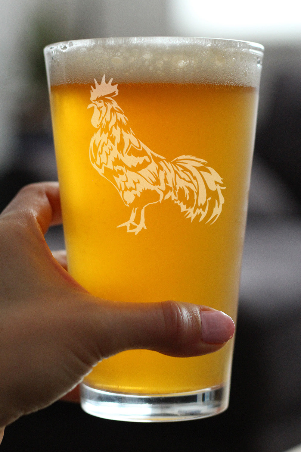 Rooster - Cute Funny Pint Glass, 16 Oz, Etched Sayings, Cute Farmhouse Décor Gifts for Lovers of Roosters, Chickens and Beer