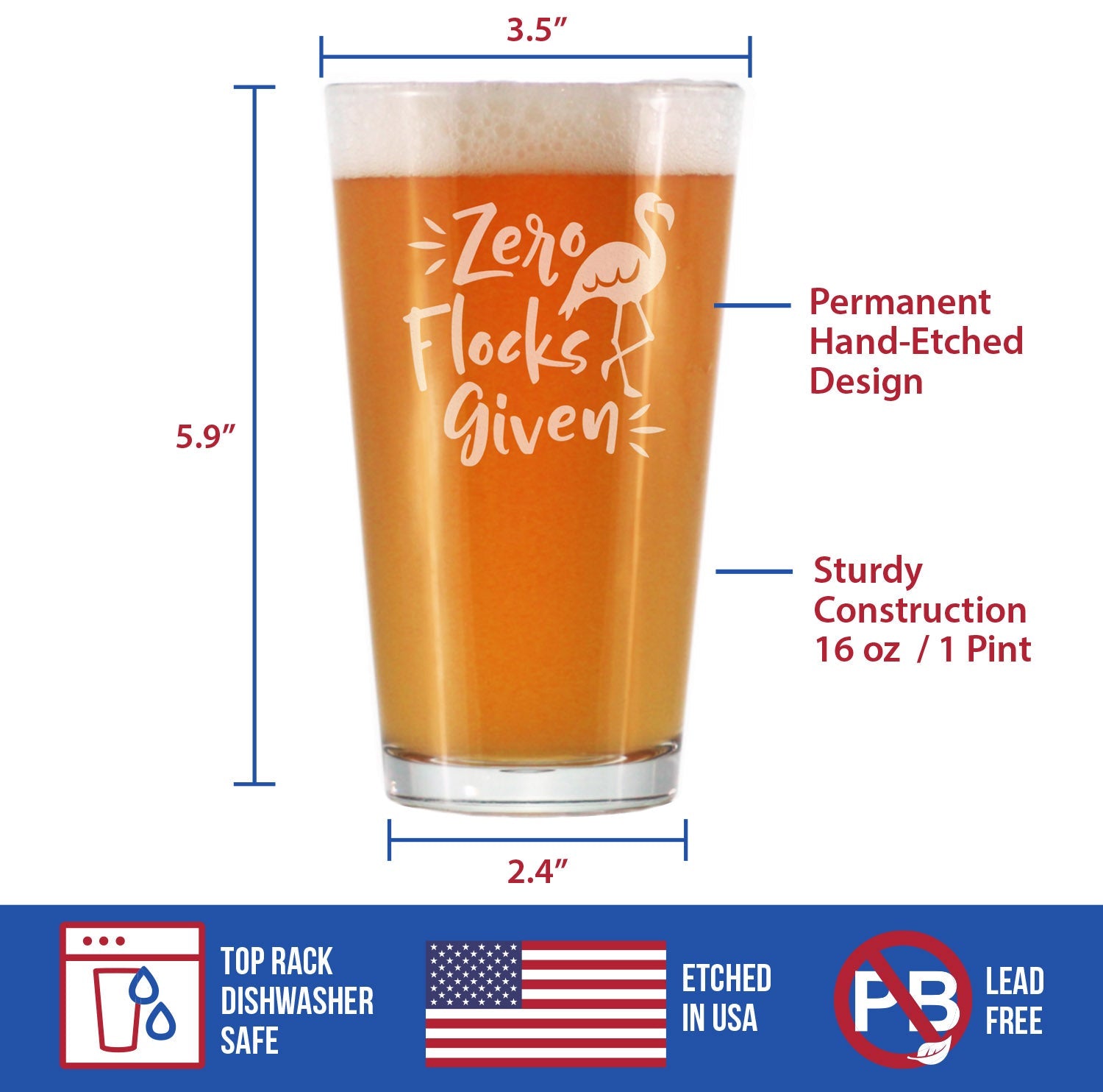 Zero Flocks Given - Funny Flamingo Pint Glass Gift for Beer - Bird Gifts for Men & Women - Cute Unique Drinking Decor