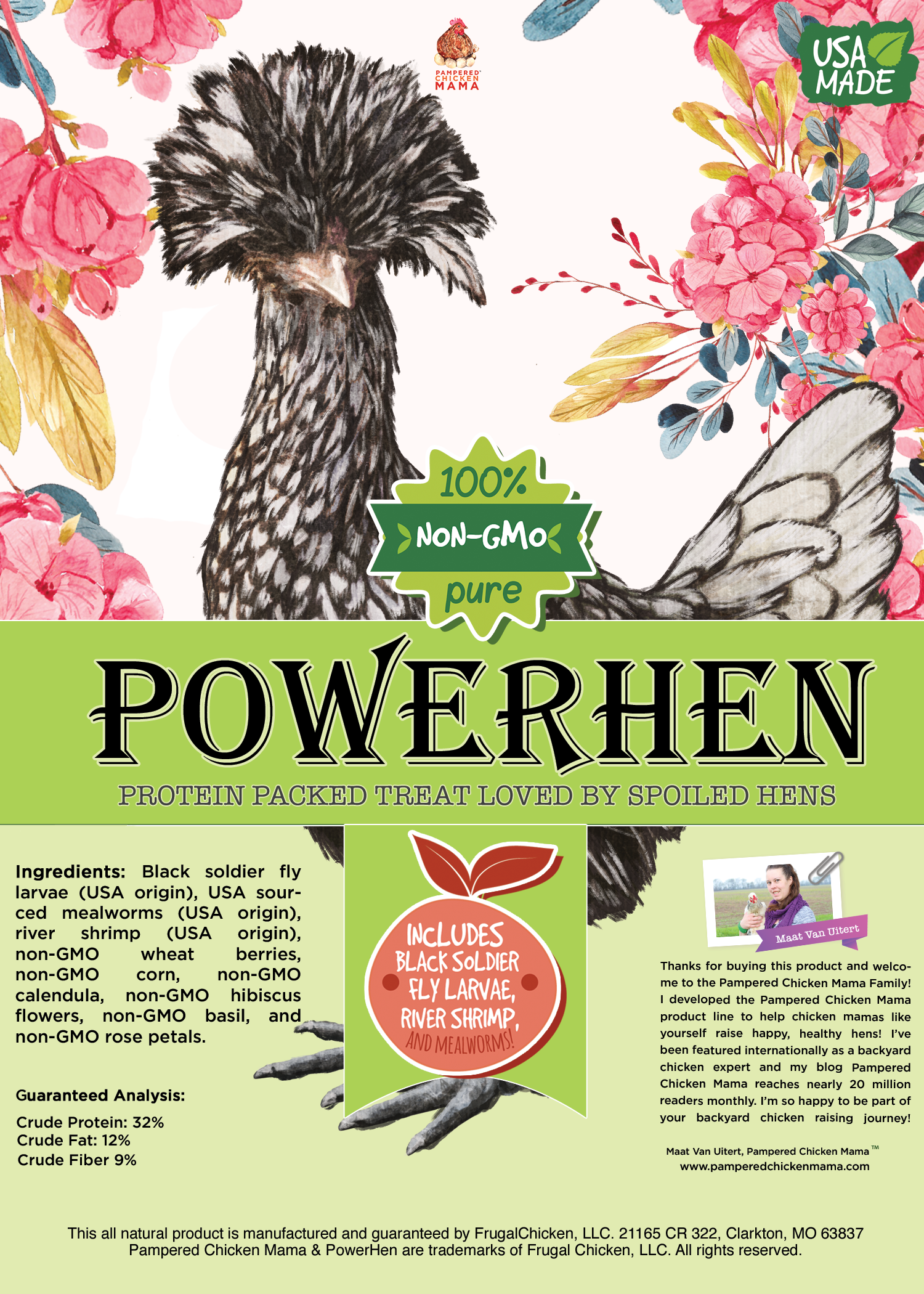 Pampered Chicken Mama PowerHen (TM) High Protein Treat With Mealworms, Black Soldier Fly Larvae, & Herbs For Backyard Chickens