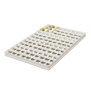 Plastic egg setter tray designed to hold 108 pheasant eggs.