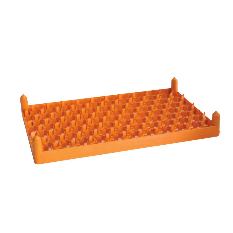 Plastic egg setter tray with capacity for 82 chicken eggs.
