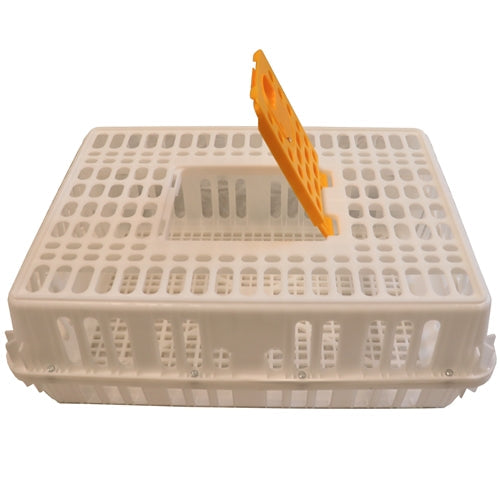 Polyethylene chicken transport cage with spring-loaded hinged top