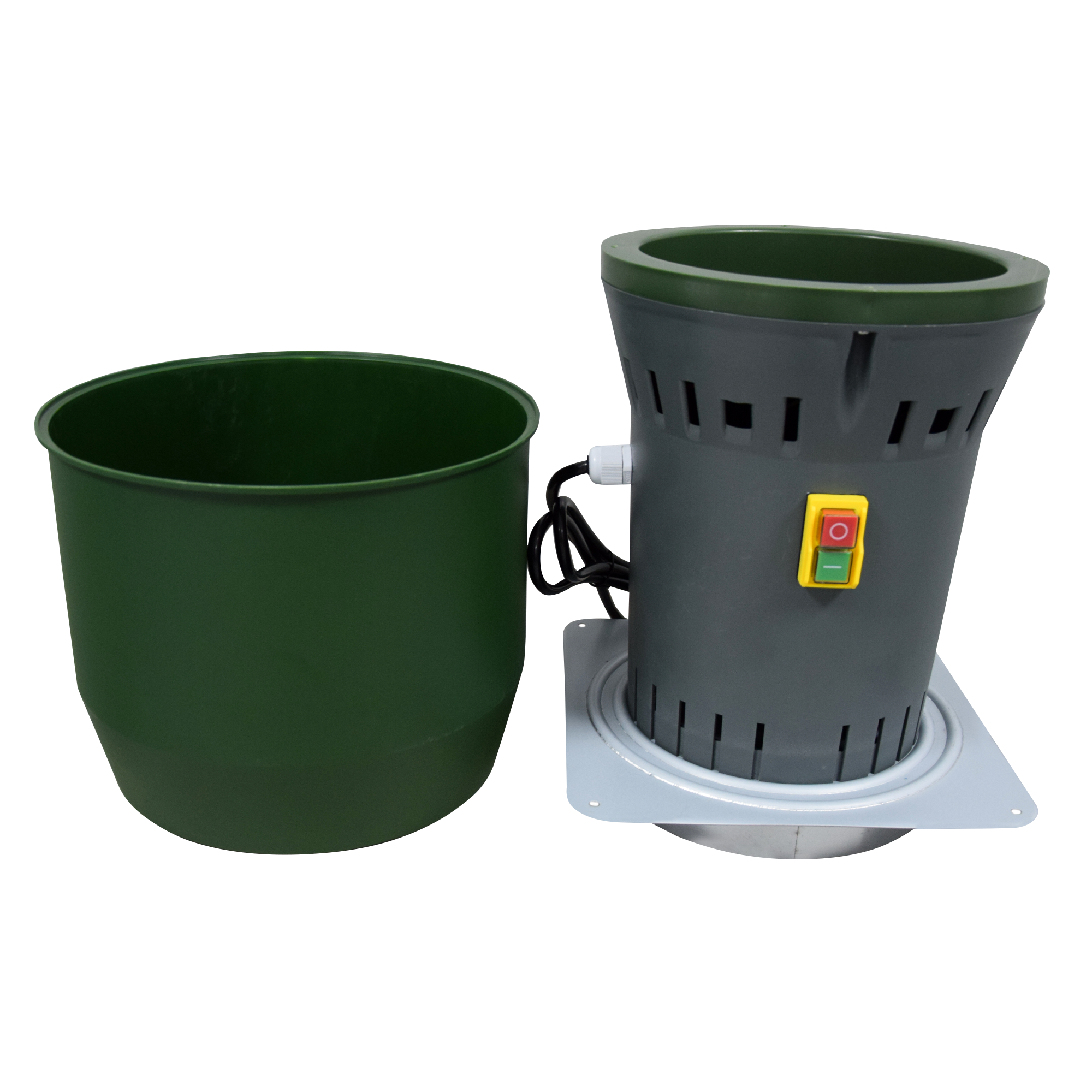 Poultry and livestock grain grinder with interchangeable 2–5 mm screens.