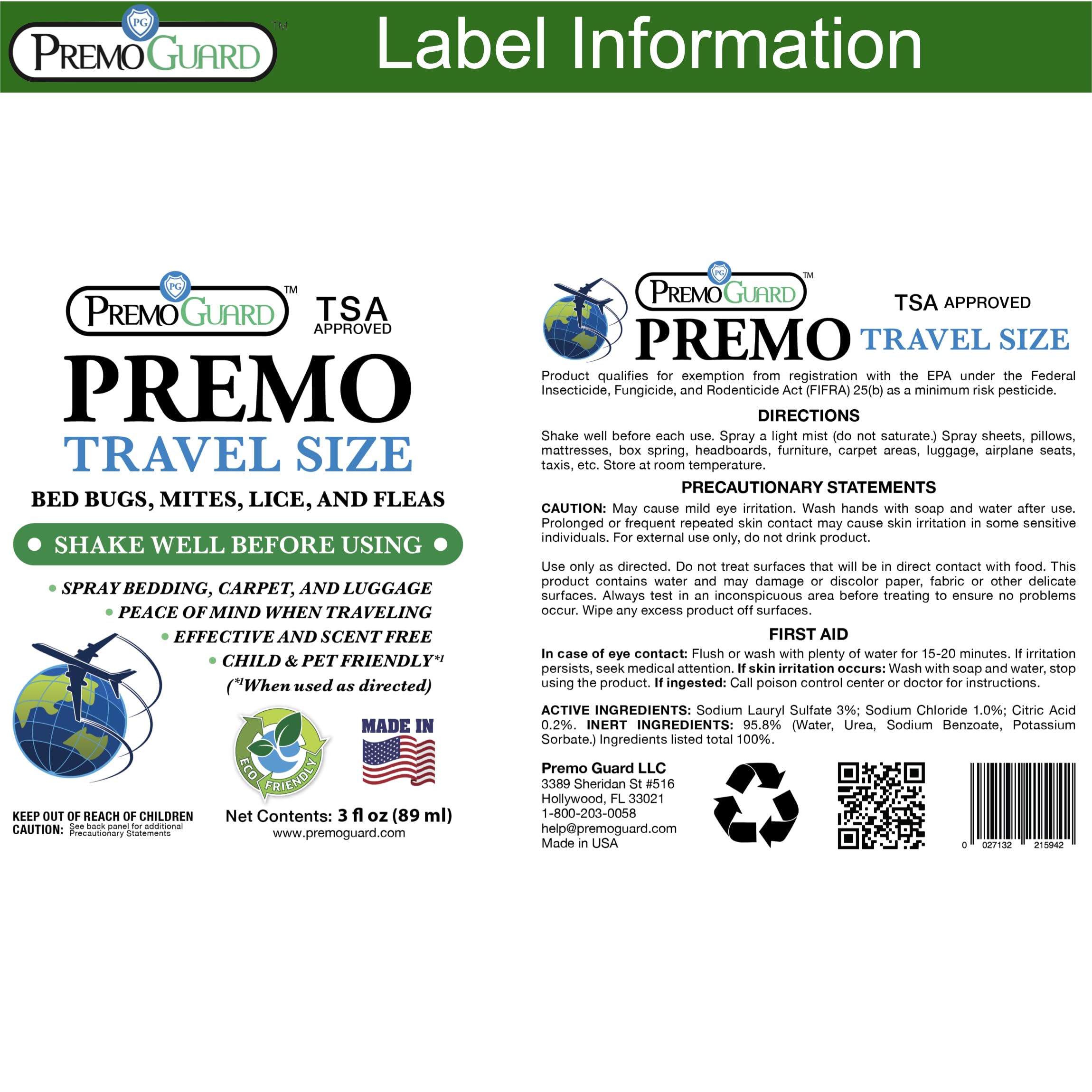 Premo Guard 3-pack natural poultry mite and lice spray Label Information
