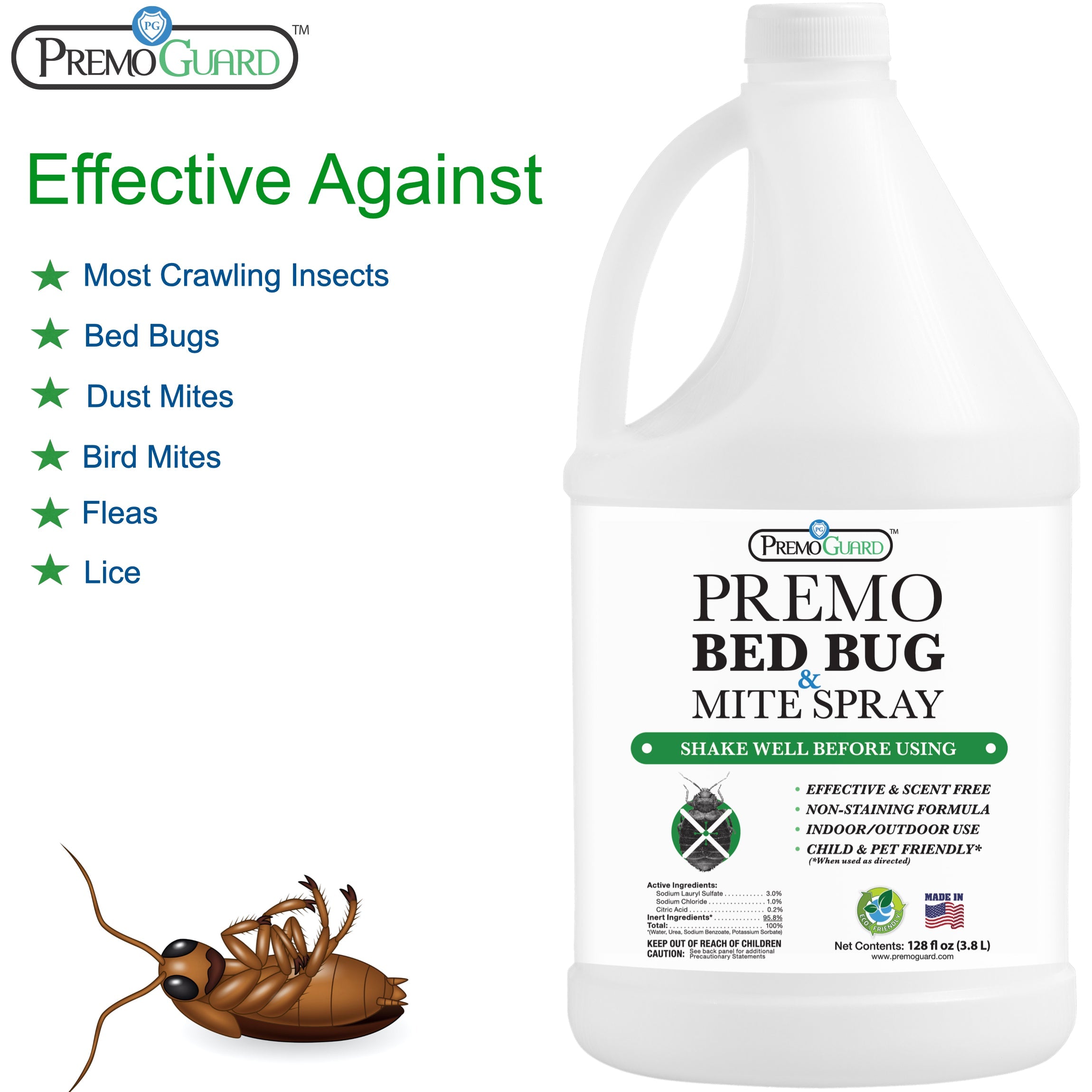 Premo Guard Bed Bug & Mite Killer Spray effective against crawling insects, bed bugs, dust mites, bird mites, fleas, and lice