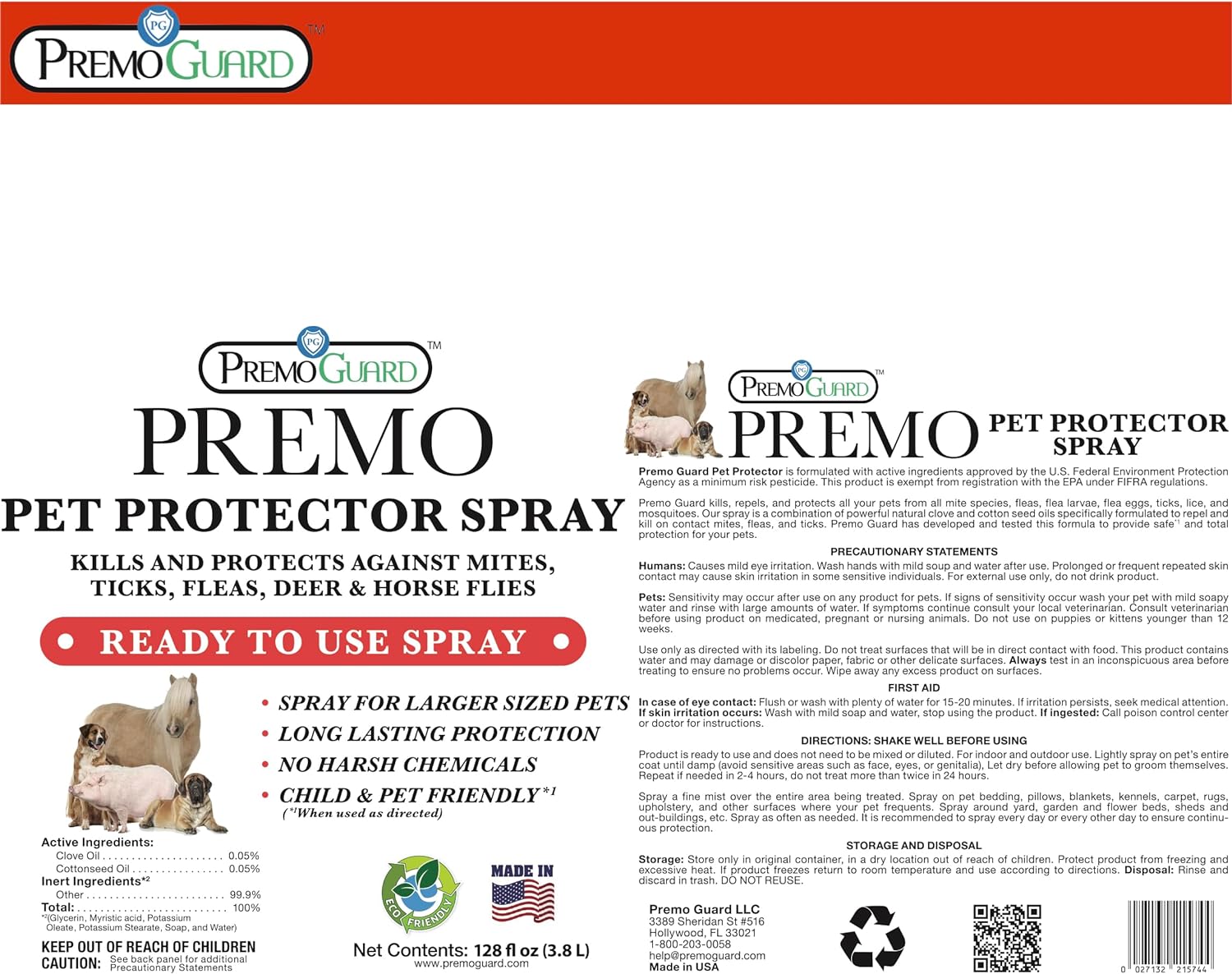 Premo Guard Pet Protector Spray 128 oz back and front label