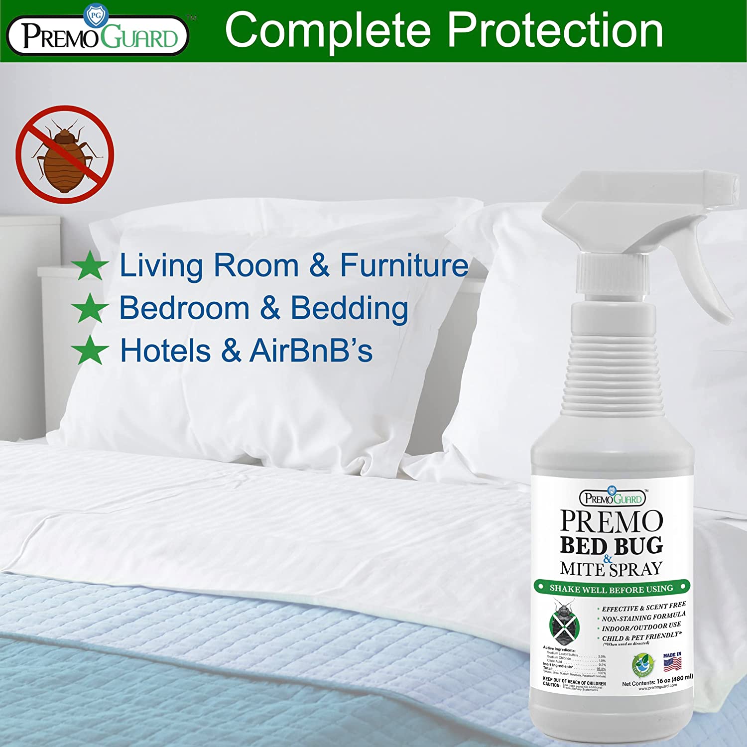 Premo Guard natural poultry mite and lice killer insecticide spray complete protection on living room, furniture, bedroom, bedding, hotels and AirBnB