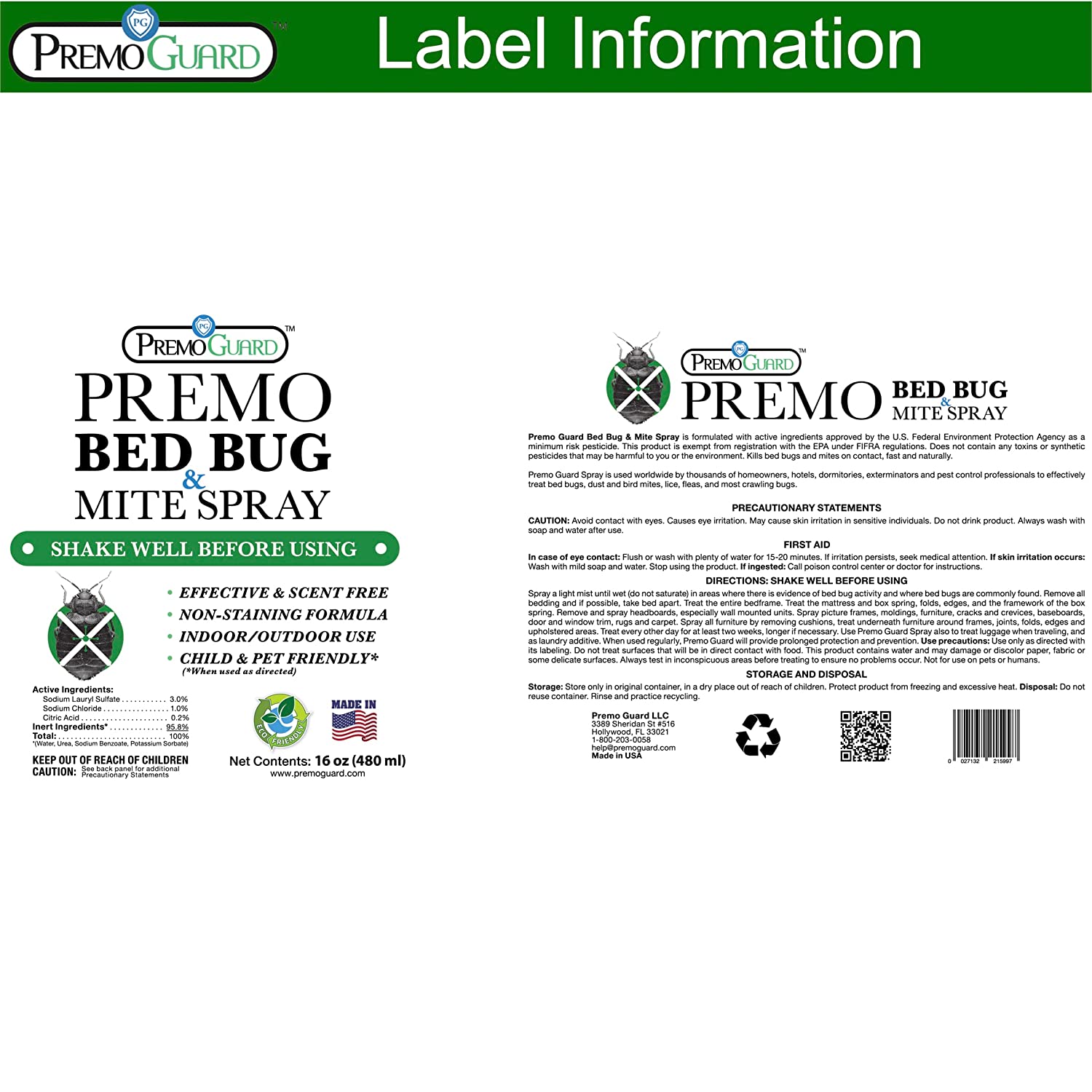 Premo Guard natural poultry mite and lice killer insecticide spray label information