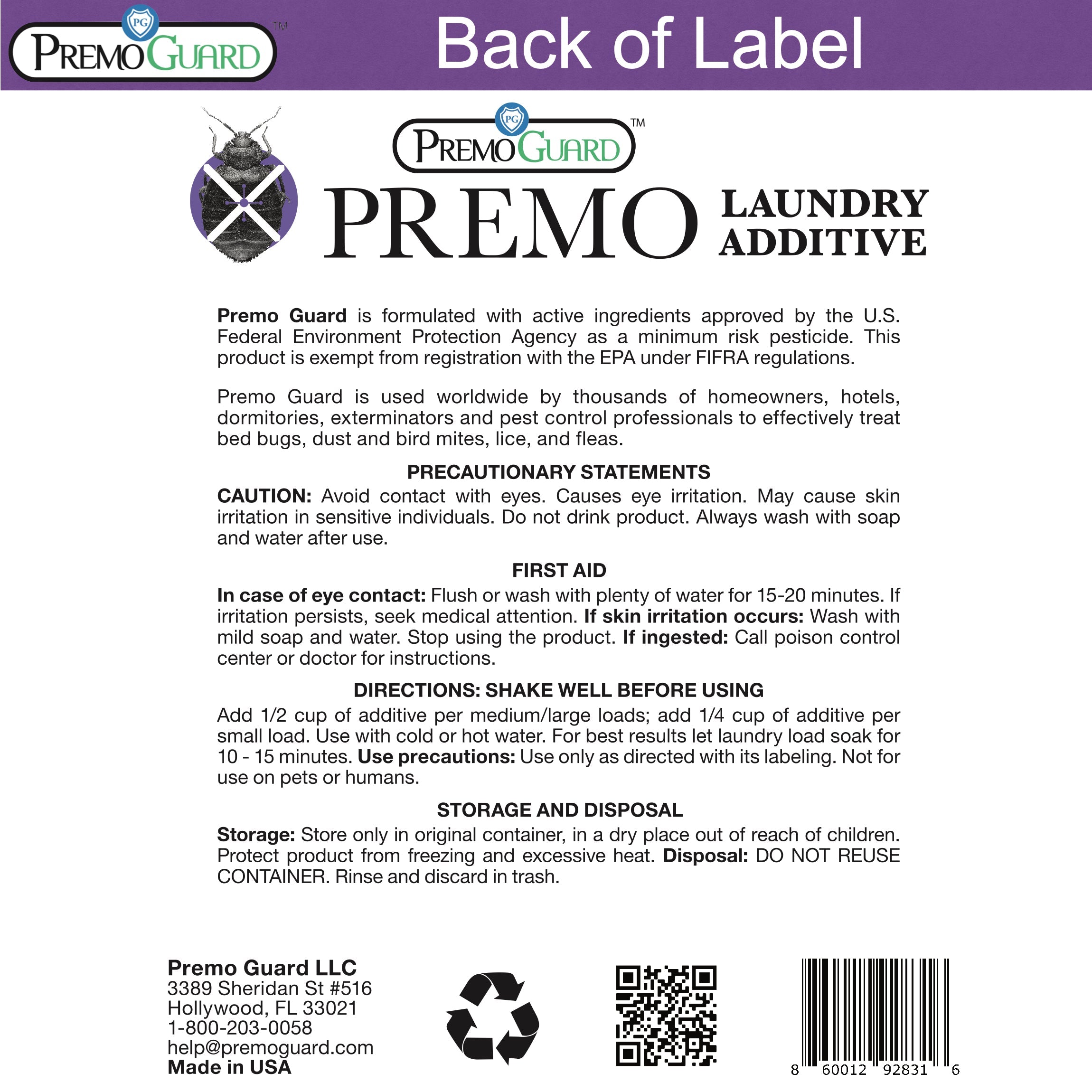 Premo Guard poultry laundry additive back of label