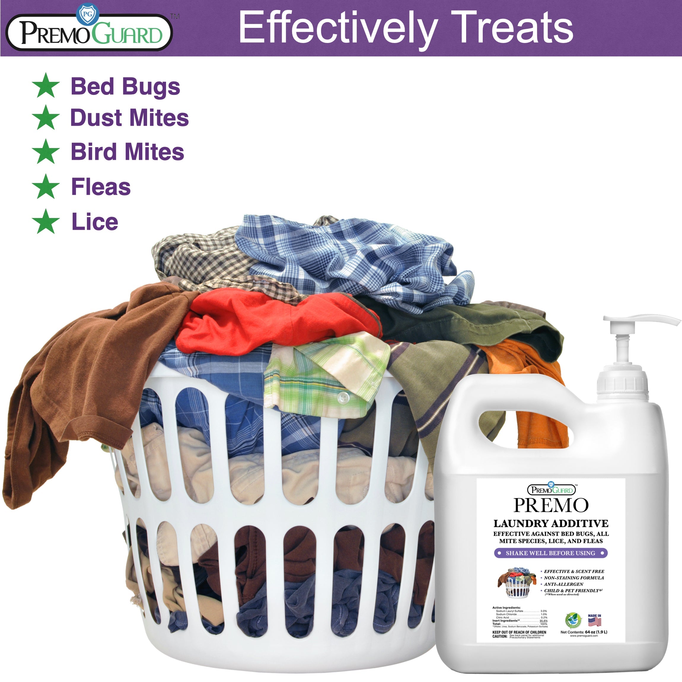 Premo Guard poultry laundry additive effectively treats bed bugs, dust mites, bird mites, fleas and lice