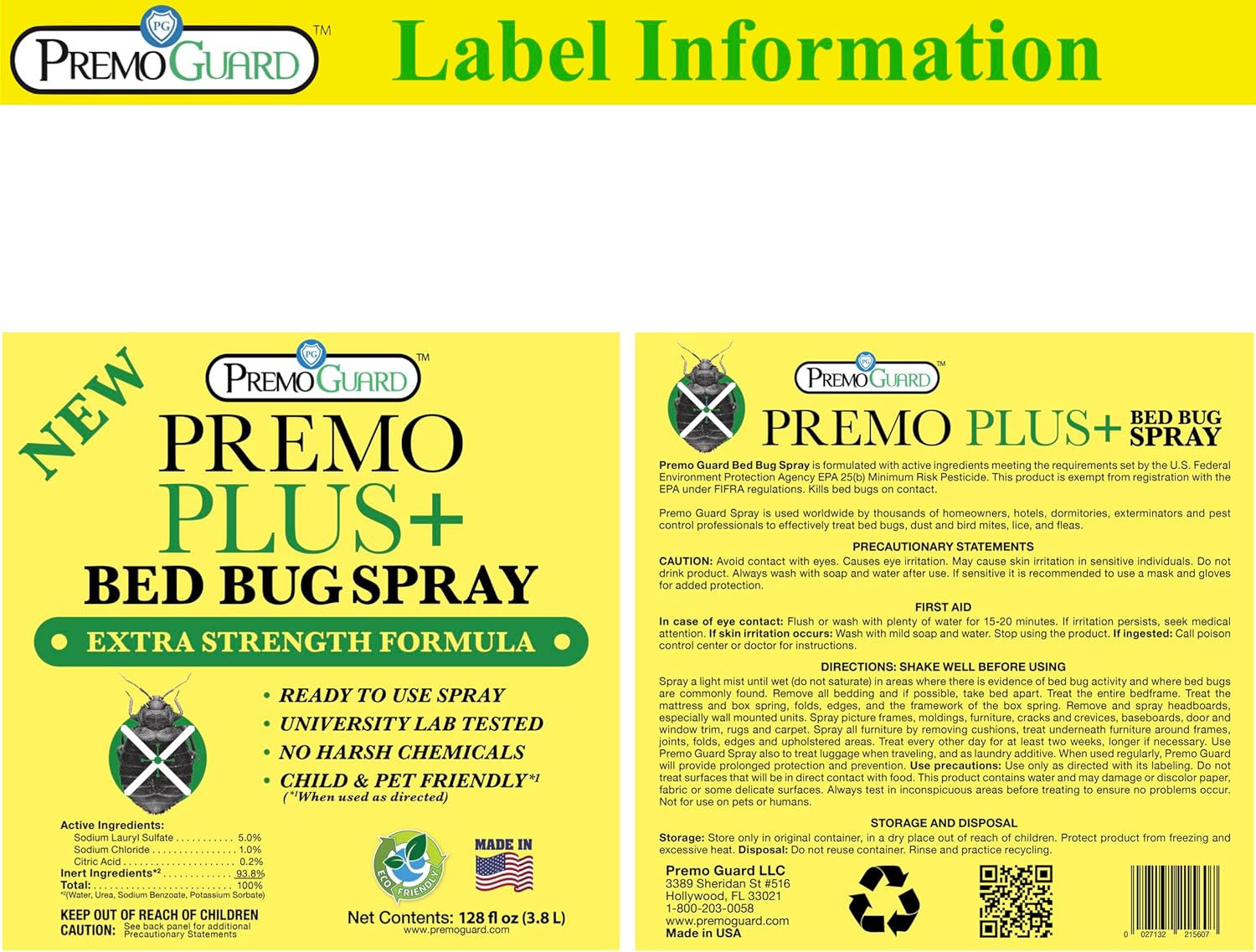 Premo Plus+ Bed Bug Spray Label Information