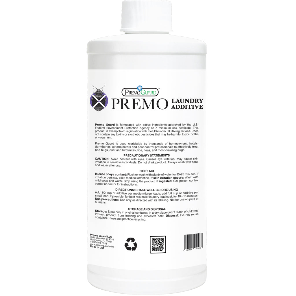 Premo laundry pest treatment additive for bedding, linens, and washer-safe clothing
