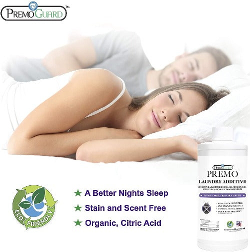 Premo laundry pest treatment additive gives a better night sleep, stain and scent free and organic, citric acid