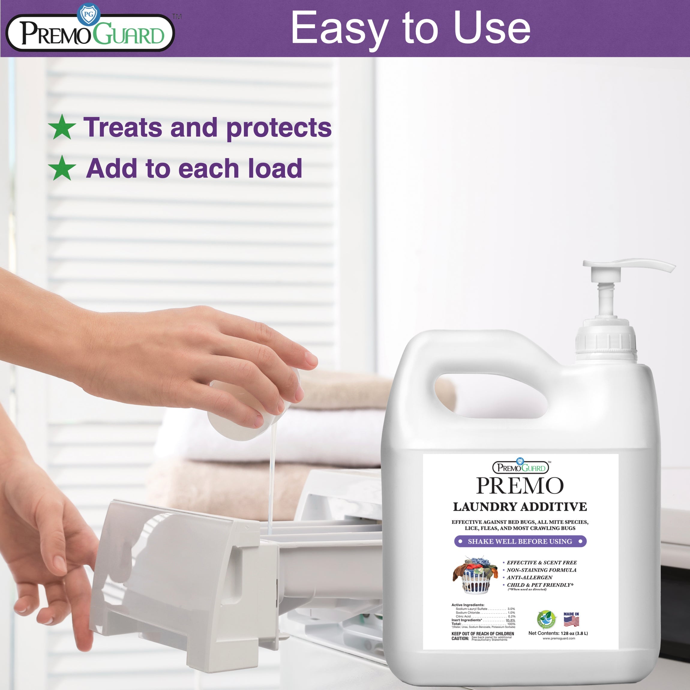Premo laundry treatment for mites, lice, fleas, ticks and bed bugs 128oz