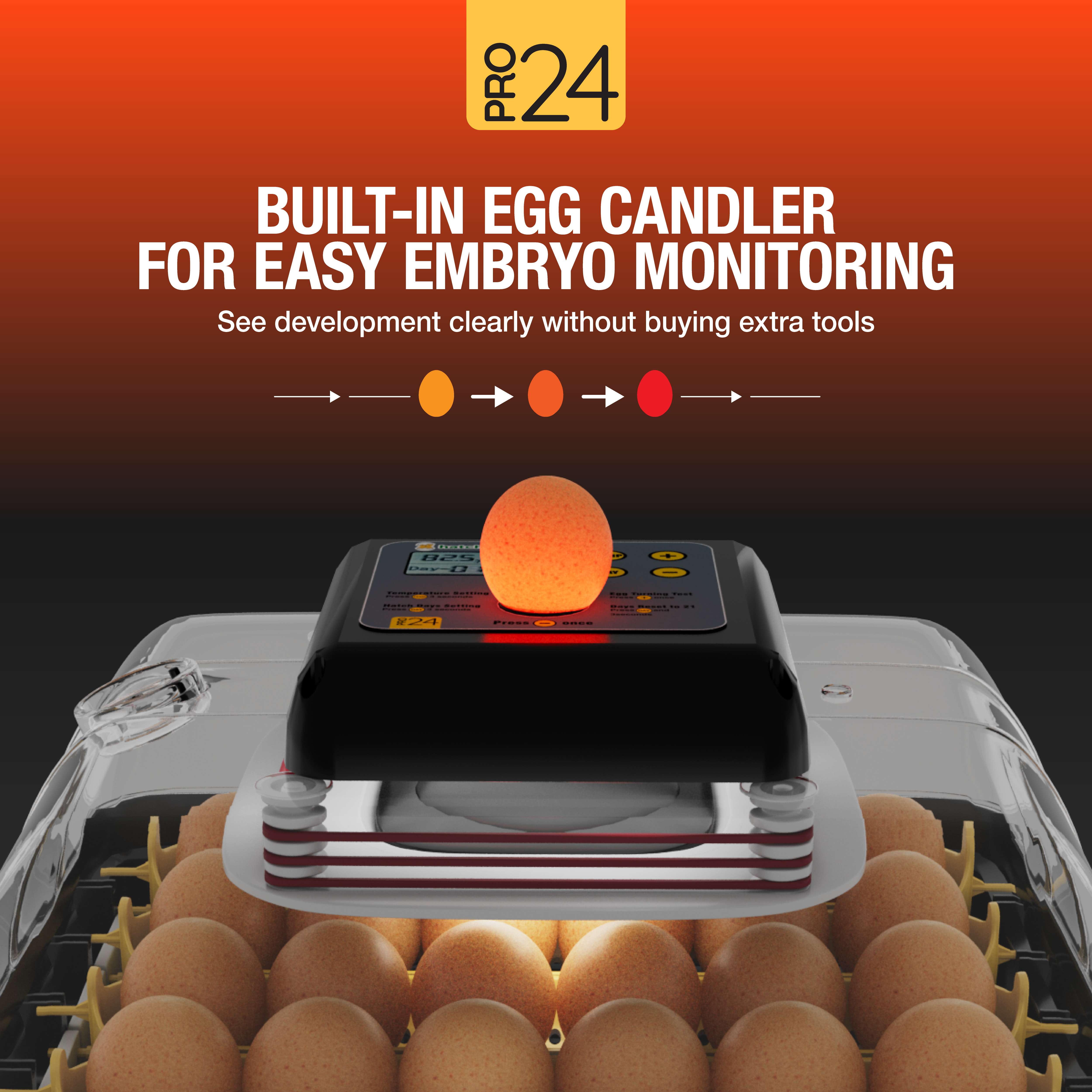 Pro24 Tabletop Automatic Egg Incubator (24 Eggs) built-in egg candler