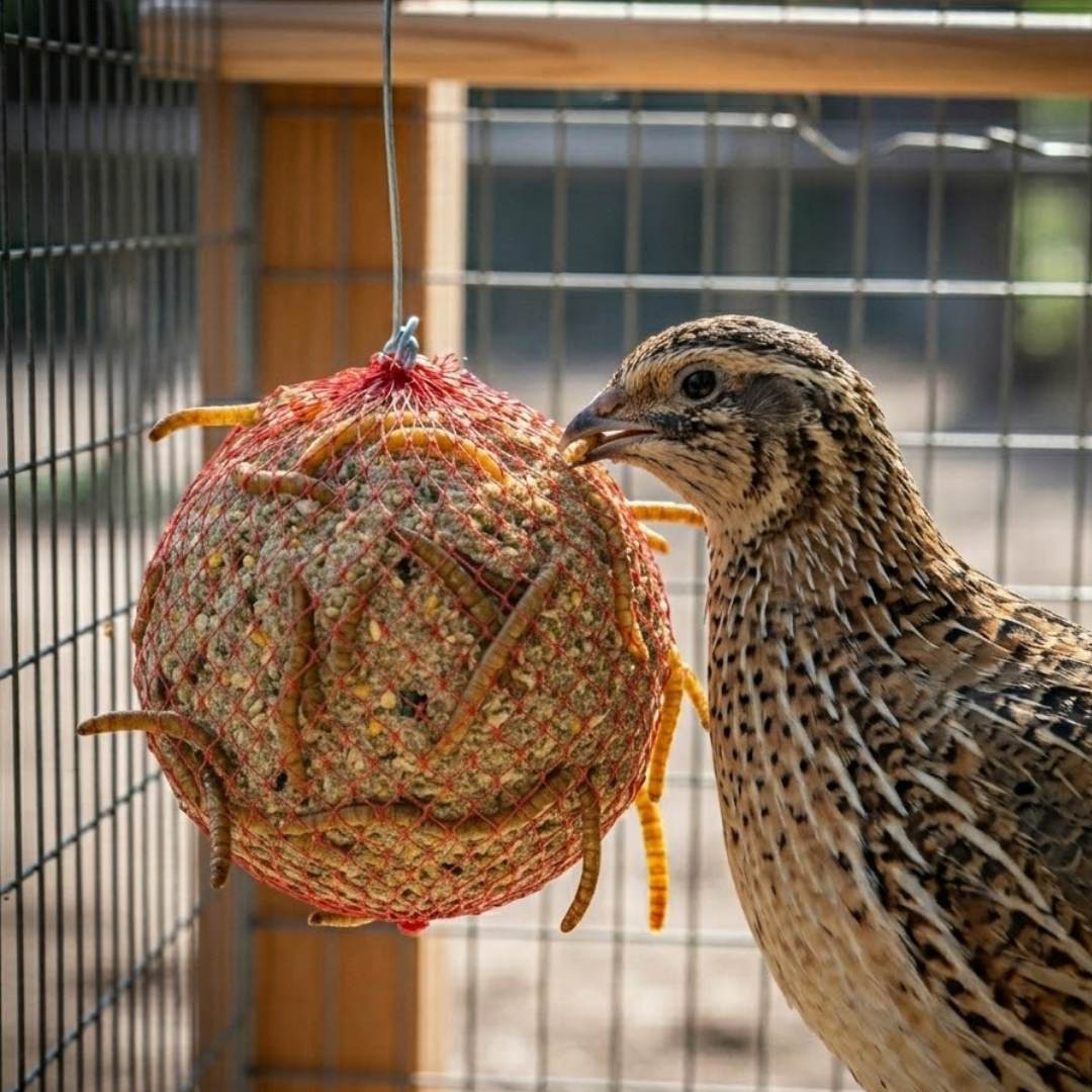 Quail Enjoying a Suet Treat Ball