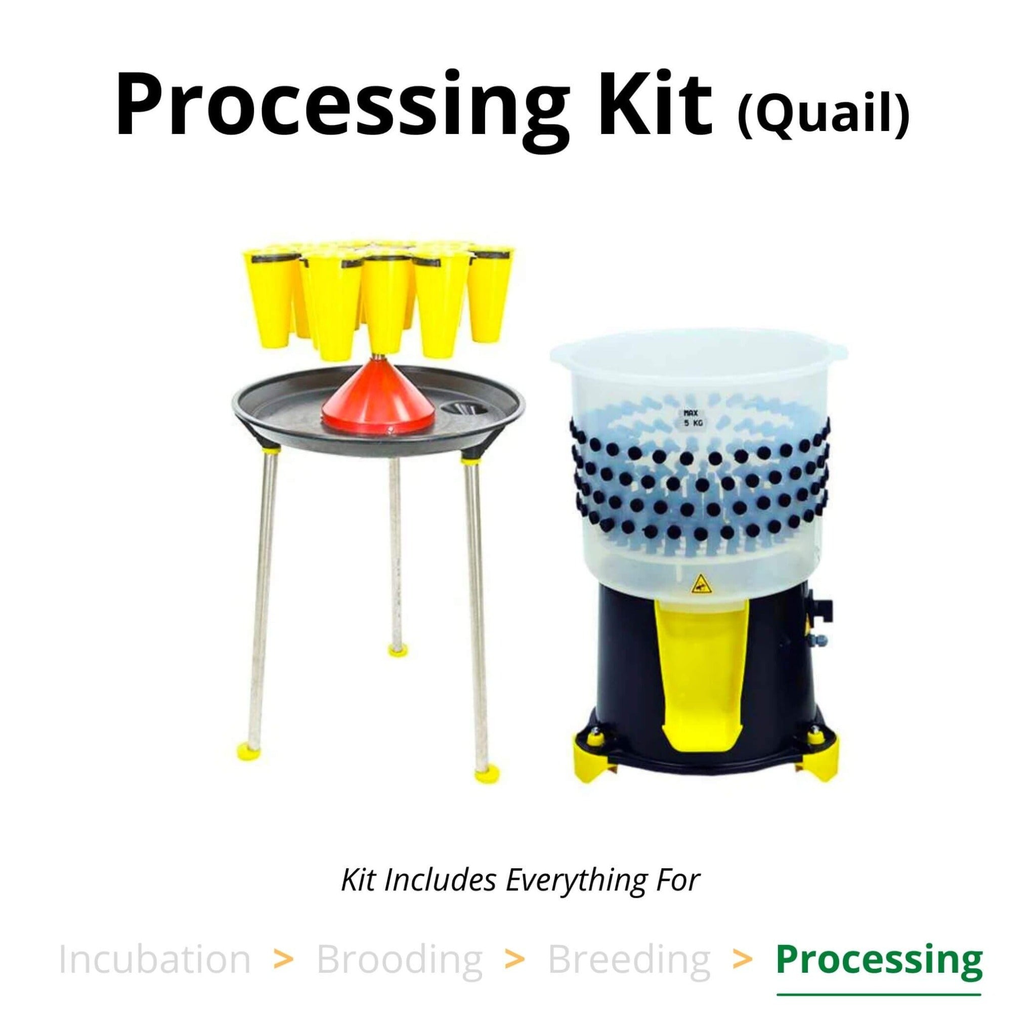 Quail processing kit with rotating 14-cone killing stand and feather plucker