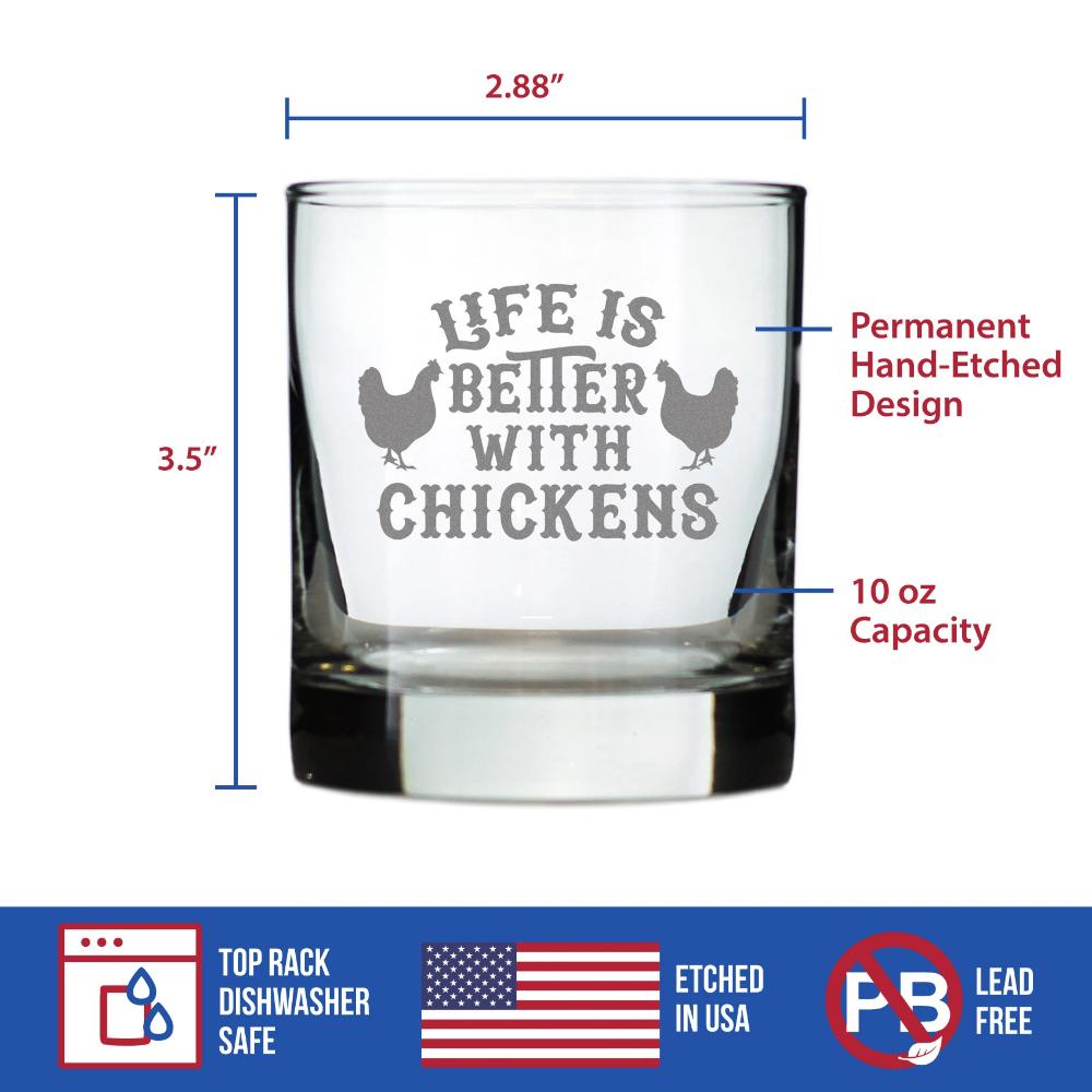 Life is Better with Chickens - Whiskey Rocks Glass - Chicken Gifts for Men & Women - Fun Whisky Drinking Tumbler Decor