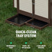 Raised chicken coop with four nesting compartments and convenient exterior egg collection access.