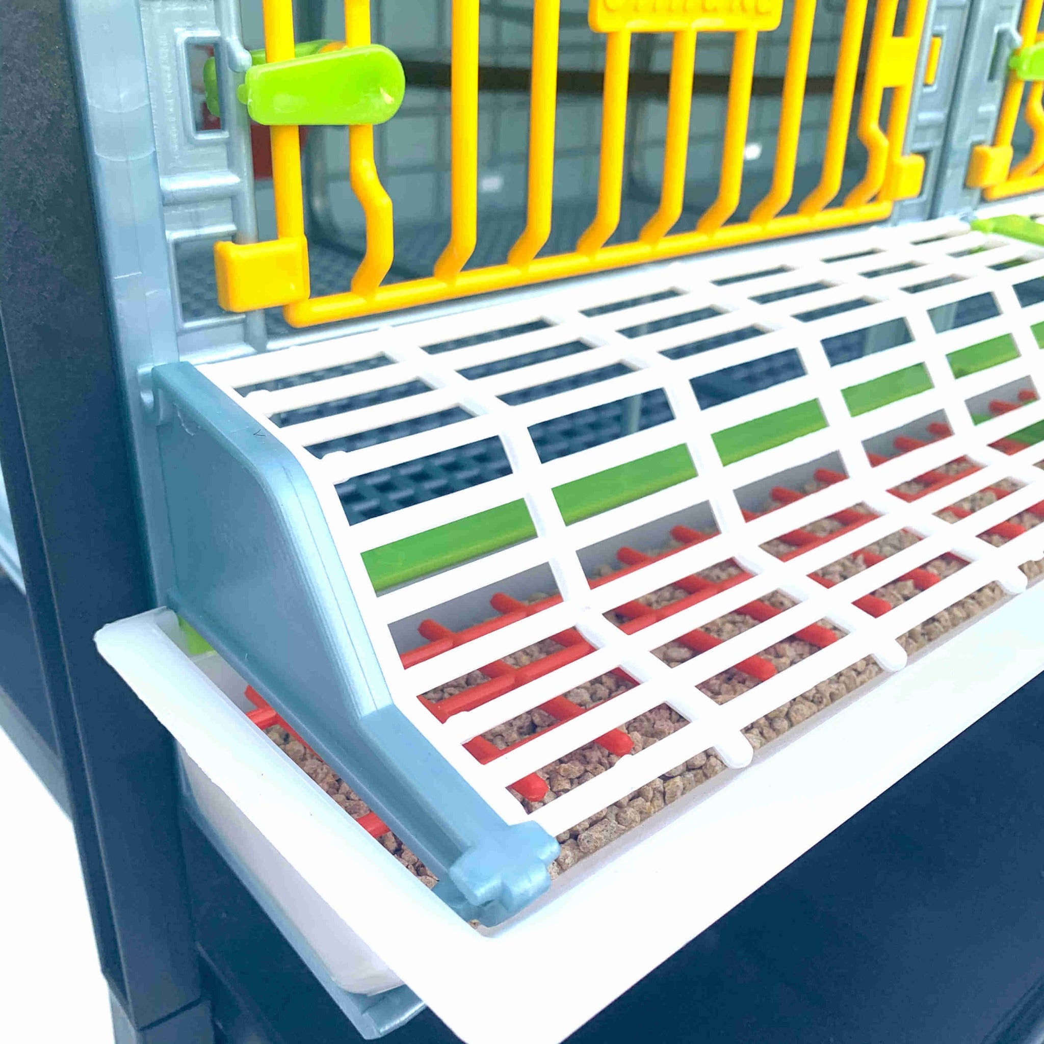 Removable deep manure tray for easier cleaning of the Cimuka poultry grow-out pen.