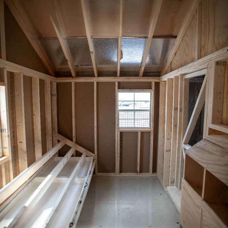 Reverse Gable Coop with Front Feed Room A1028RGC | Hen House Collection coop window