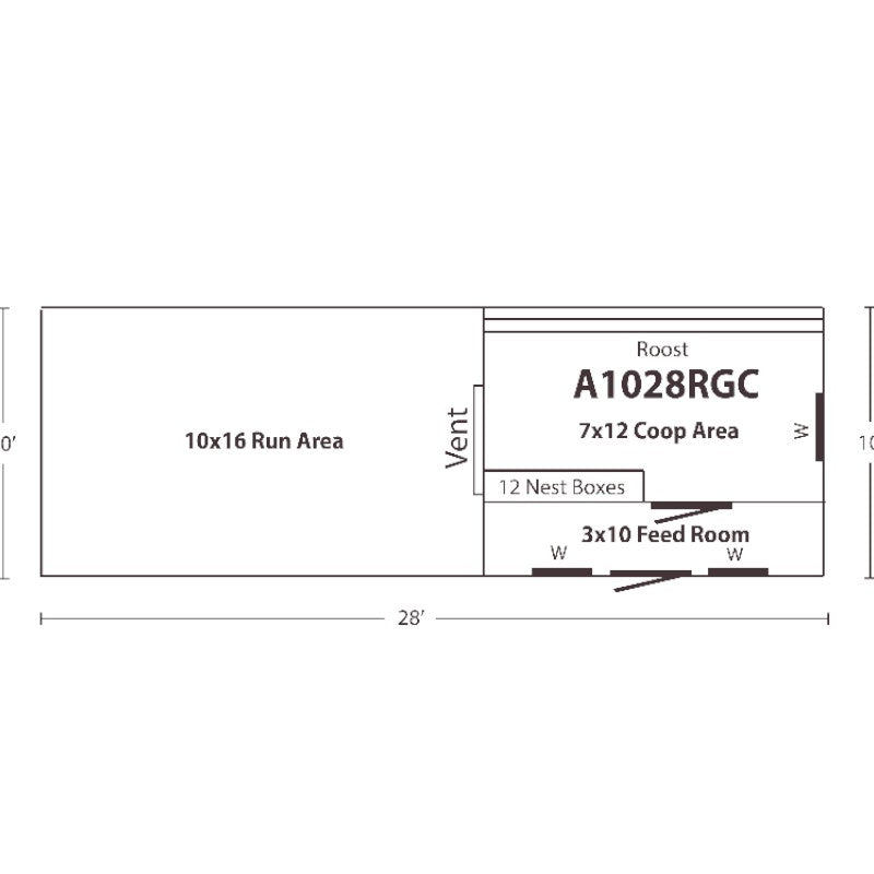 Reverse Gable Coop with Front Feed Room A1028RGC | Hen House Collection layout and dimensions