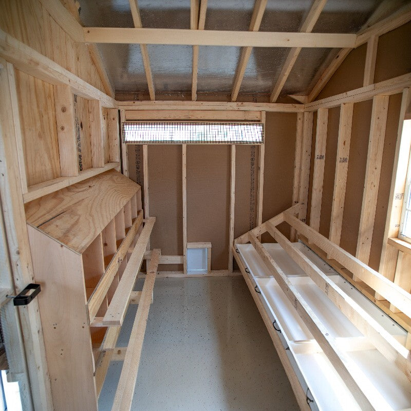 Reverse Gable Coop with Front Feed Room A1028RGC | Hen House Collection roost bars and nest boxes