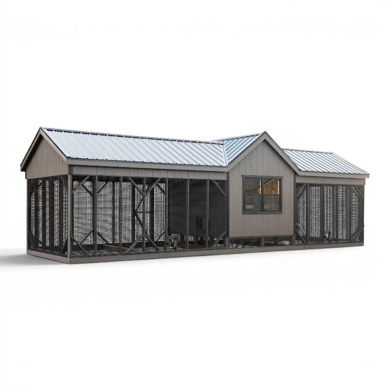 Reverse Gable Coop with Large Feed Room A1032CRGD | Hen House Collection back of black fox coop