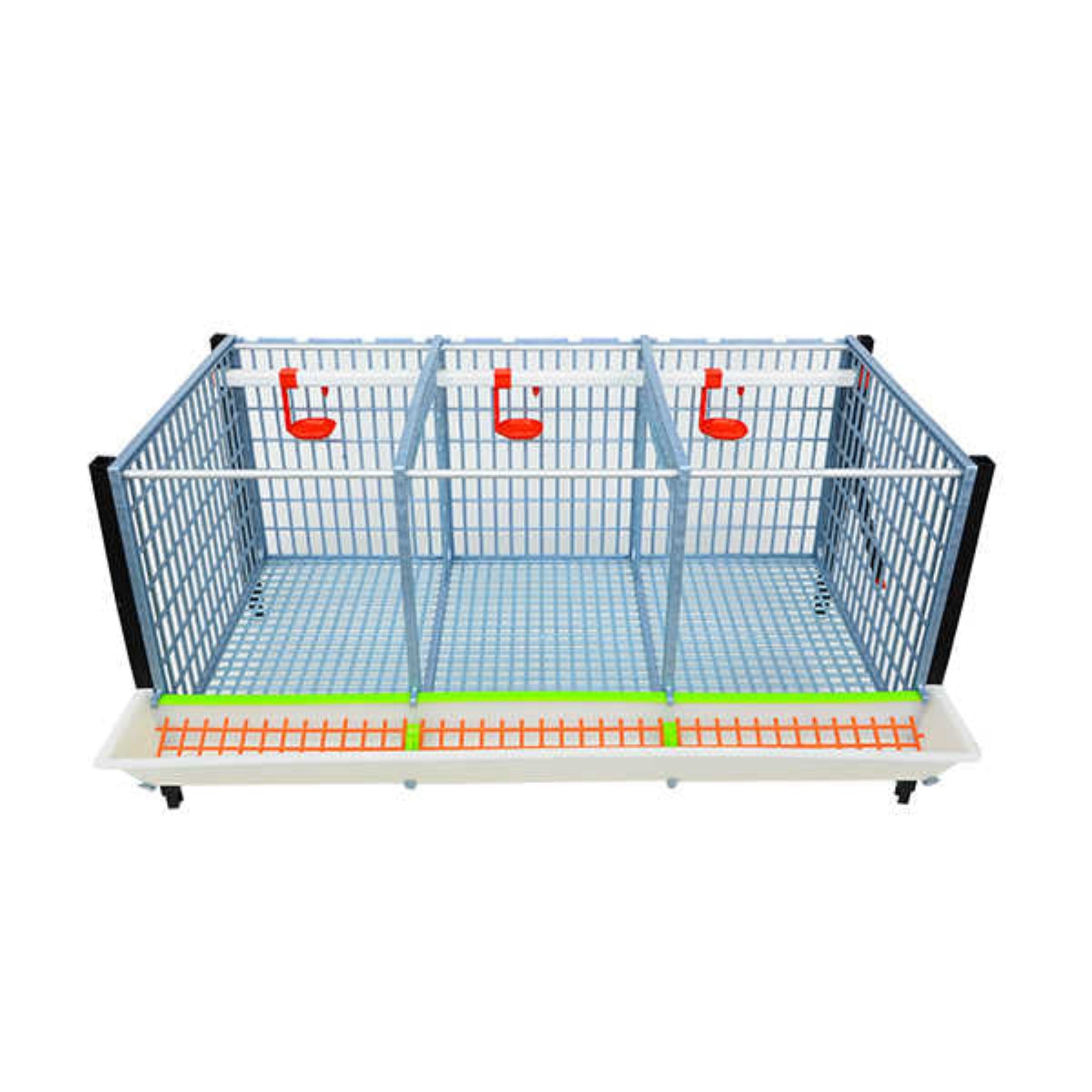 Stackable Cimuka poultry grow-out cage layer with feeding trough, drinker cups, and deep manure collection tray.