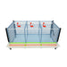 Stackable Cimuka poultry grow-out cage layer with feeding trough, drinker cups, and deep manure collection tray.