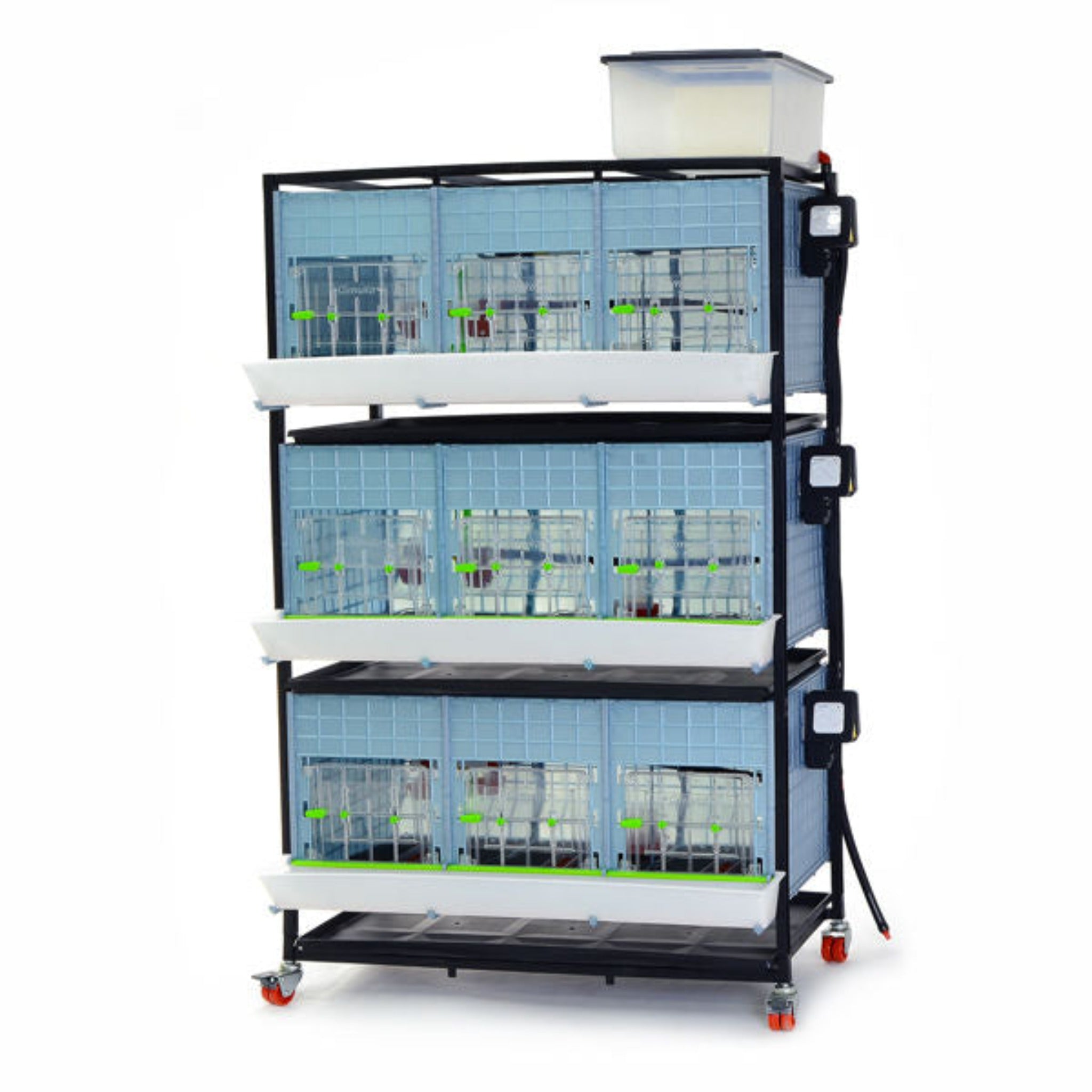 Stackable chicken brooder with self-regulated heaters for raising chicks.