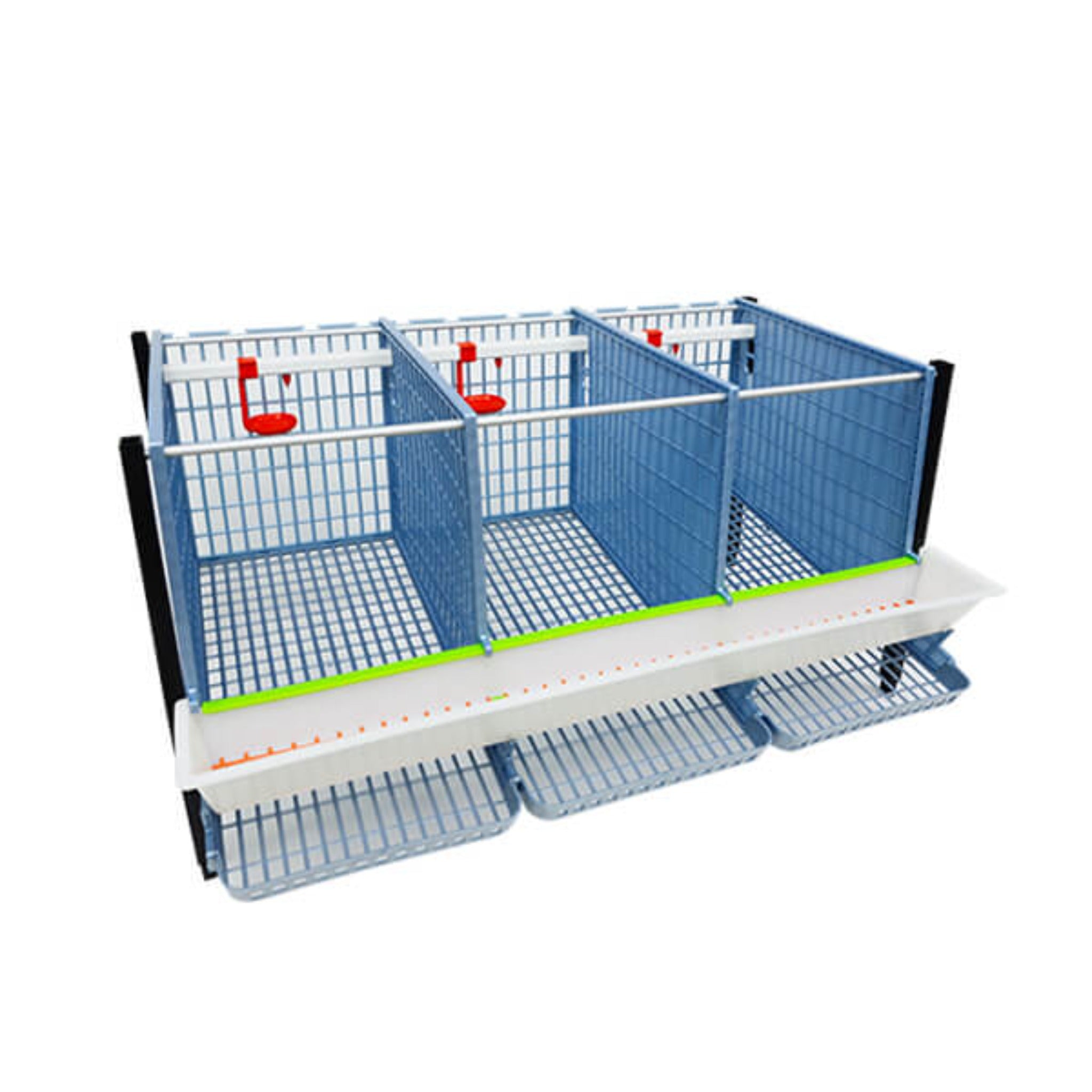 Stackable plastic chicken breeding cage with nipple drinkers and elliptical flooring for bantam chickens.