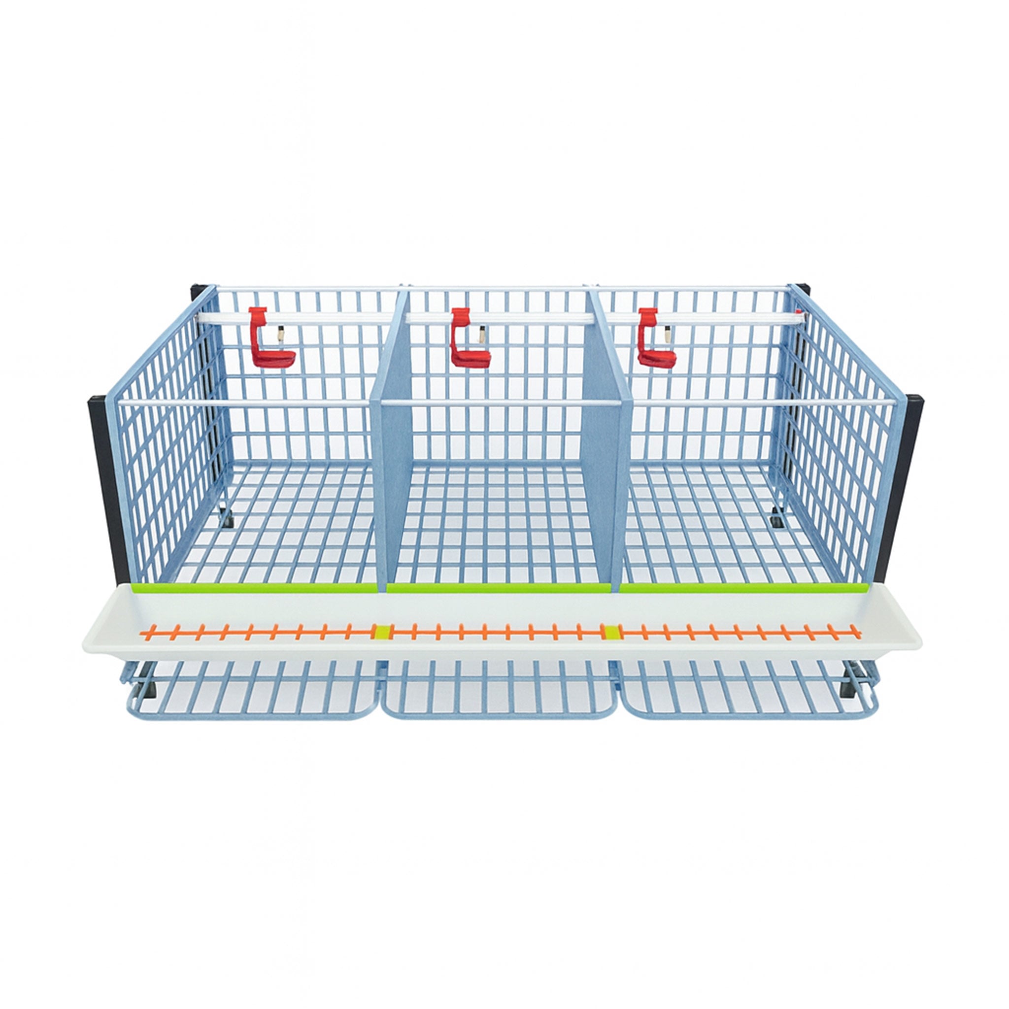 Stackable plastic chicken breeding cage with rust-proof flooring and integrated nipple drinker system.