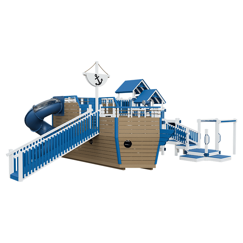 Swing Kingdom Play Set Adventurer Buccaneer blue and wood walk way