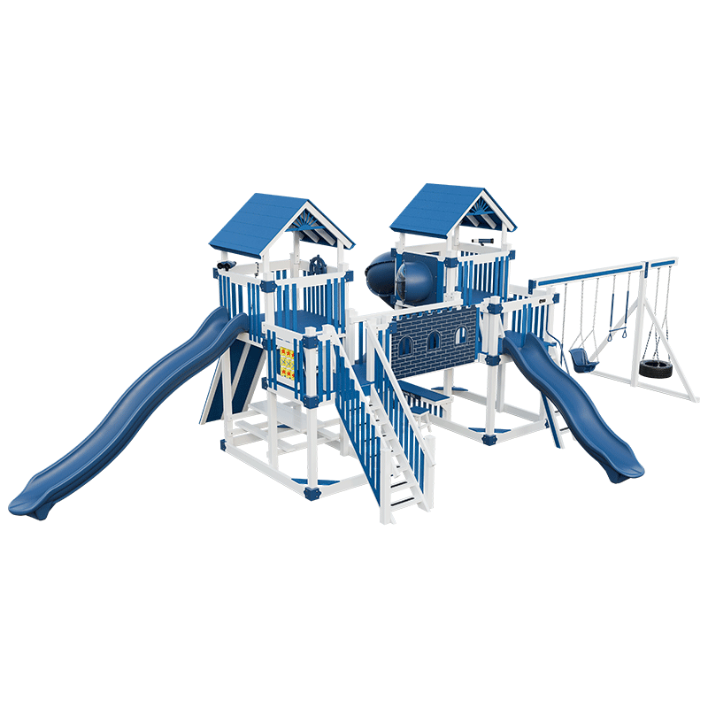 Swing Kingdom Play Set Adventurer Fortress blue and white steps