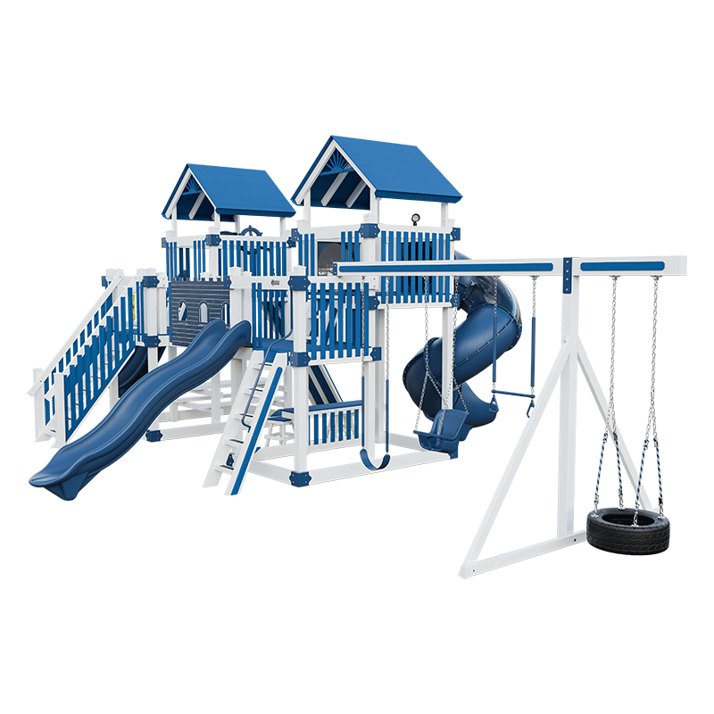 Swing Kingdom Play Set Adventurer Fortress blue and white swings