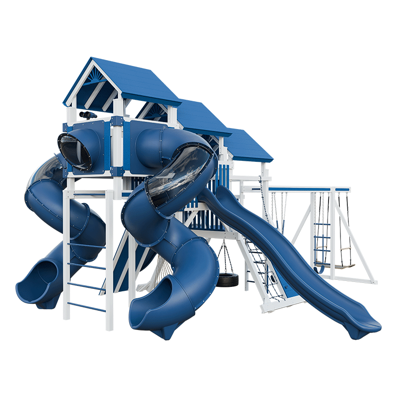 Swing Kingdom Play Set Adventurer Pinnacle blue and white 3 slides