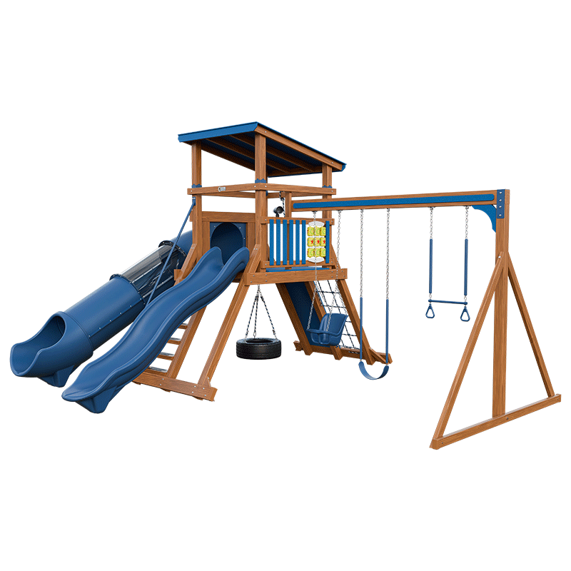 Swing Kingdom Play Set Mountaineer Climber 55 Deluxe blue and wood