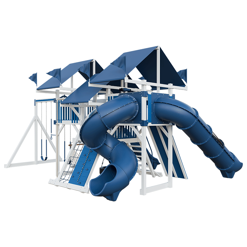Swing Kingdom Play Set Mountaineer Mega Climber 55 Deluxe blue and white tube slides