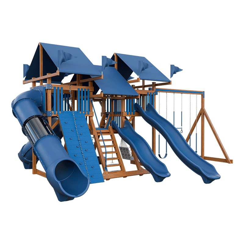 Swing Kingdom Play Set Mountaineer Mega Climber 55 Deluxe blue and wood