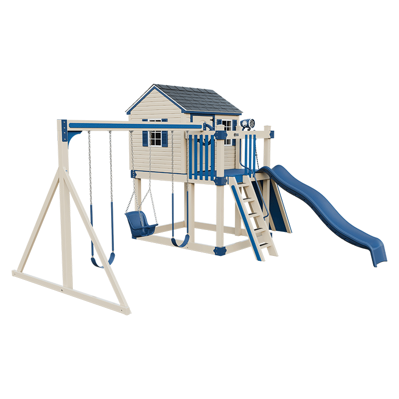 Swing Kingdom Play Set & Playhouse Cabin blue and almond