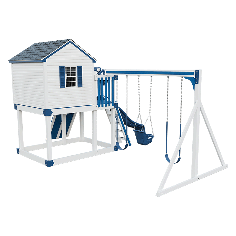 Swing Kingdom Play Set & Playhouse Cabin white and blue swings