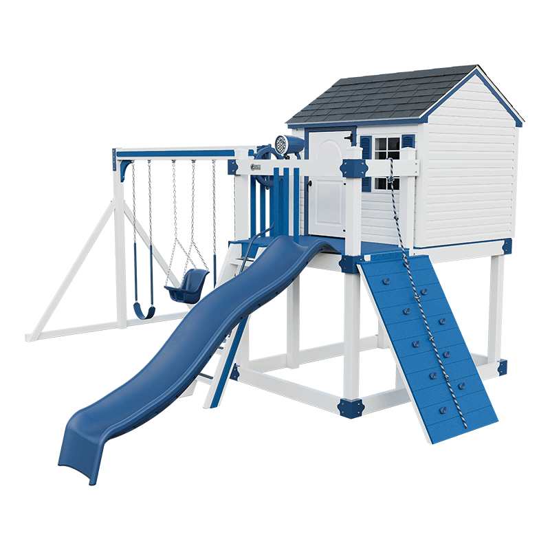 Swing Kingdom Play Set & Playhouse Cabin blue and white climbing wall