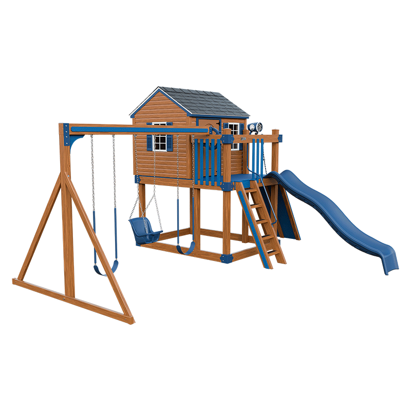 Swing Kingdom Play Set & Playhouse Cabin blue and wood