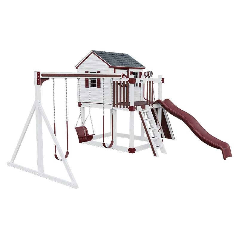Swing Kingdom Play Set & Playhouse Cabin red and white