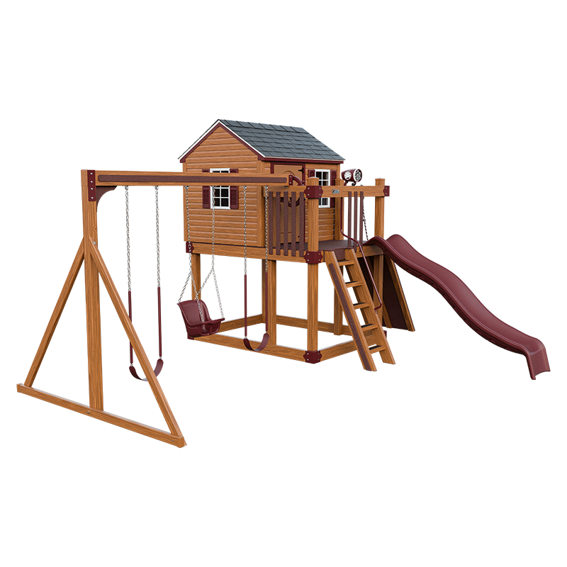 Swing Kingdom Play Set & Playhouse Cabin red and wood