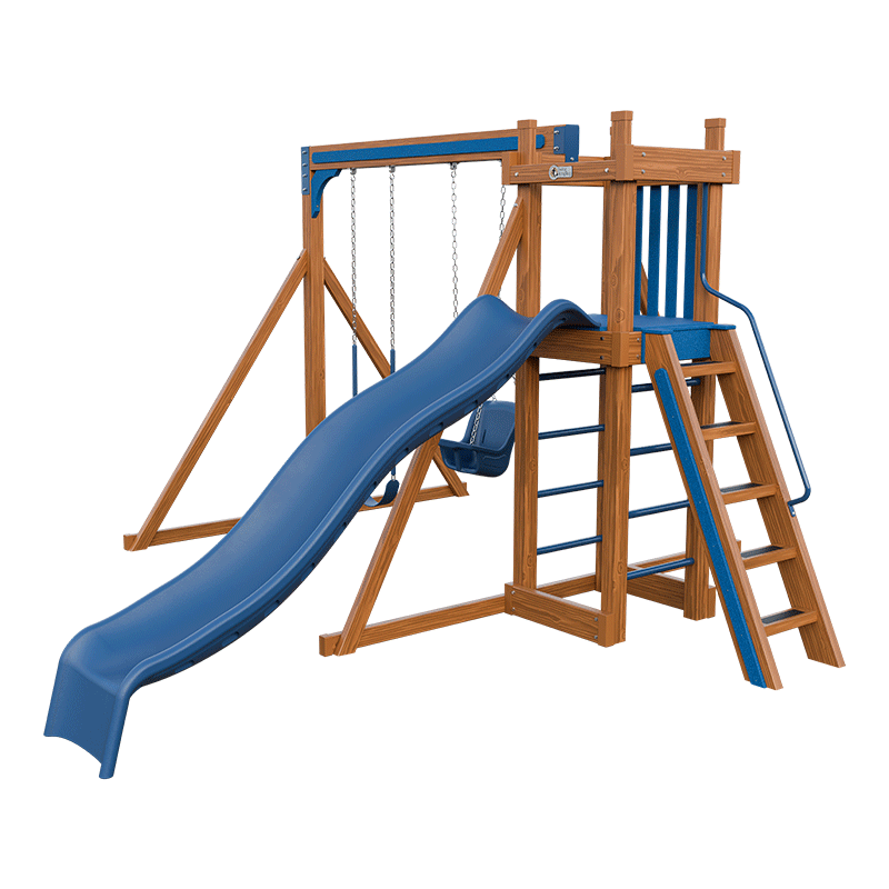Swing Kingdom Play Set Trailblazer Basecamp 22 blue wood
