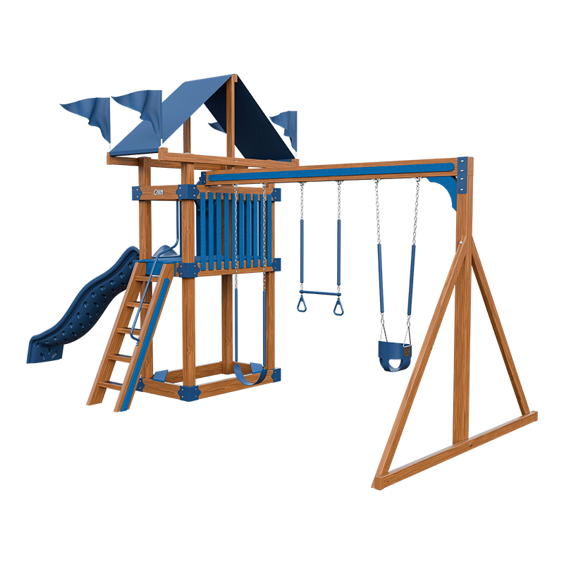Swing Kingdom Play Set Trailblazer Basecamp 35 with Trapeze Bar blue wood